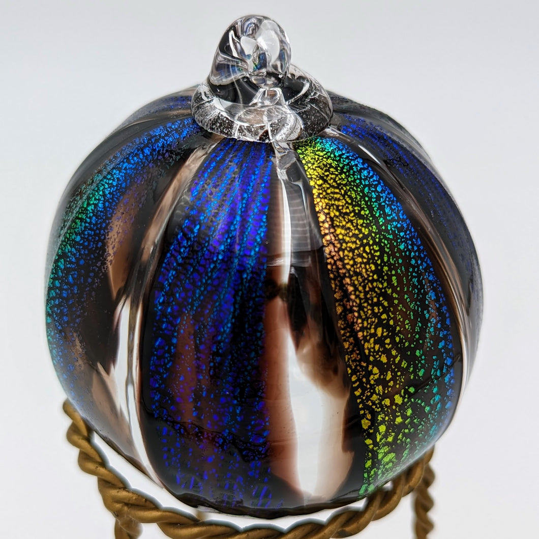 Hand blow glass ornament - Dichroic blue stripes and rainbow