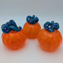 Load image into Gallery viewer, Hand blow glass pumpkin - classic orange with a blue stem
