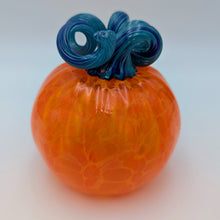 Load image into Gallery viewer, Hand blow glass pumpkin - classic orange with a blue stem
