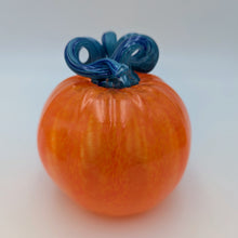 Load image into Gallery viewer, Hand blow glass pumpkin - classic orange with a blue stem
