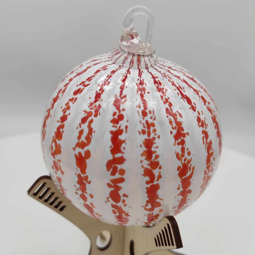 Hand Blown Glass Ornament - red stripes on white