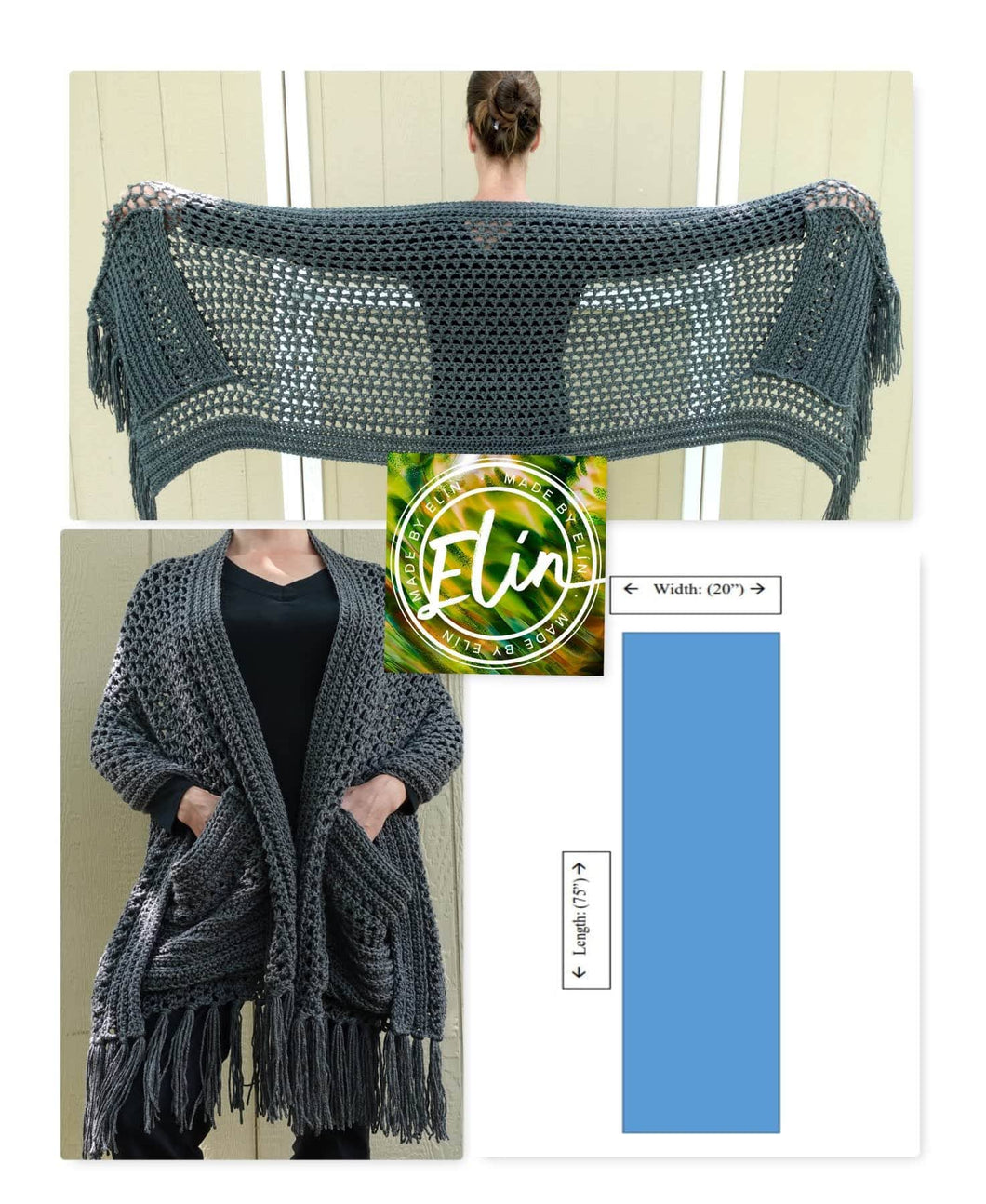 Crochet super soft pocket shawl - Dark Grey