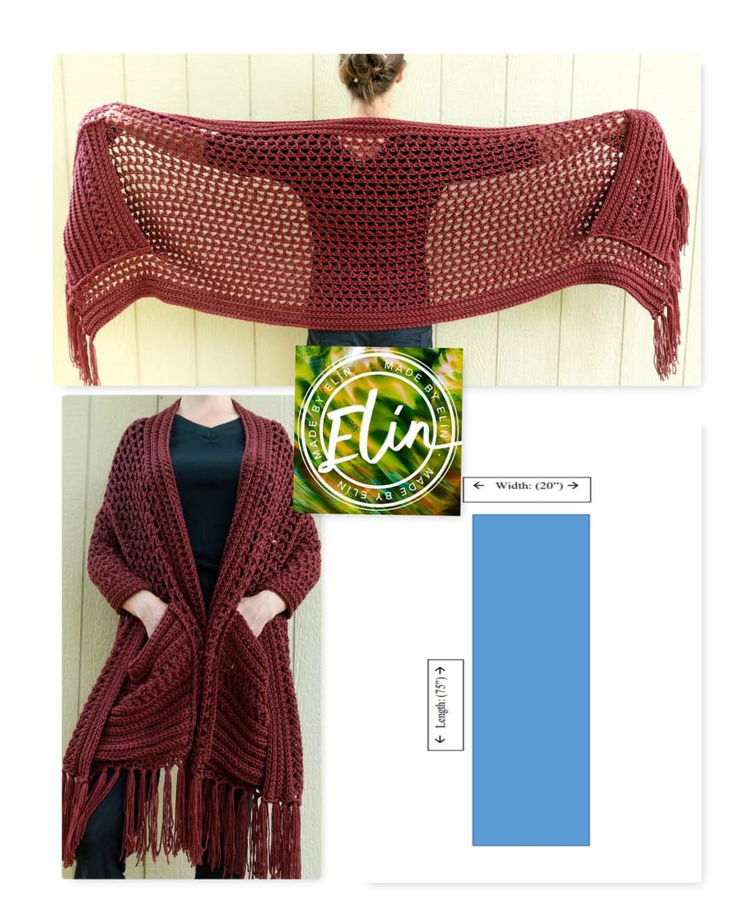 Crochet super soft pocket shawl - Burgundy