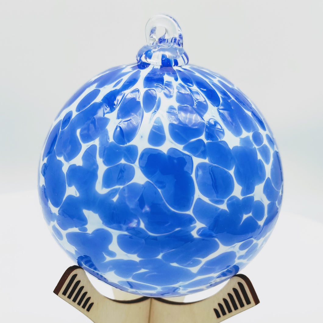 Hand Blown Glass Ornament - blue on white